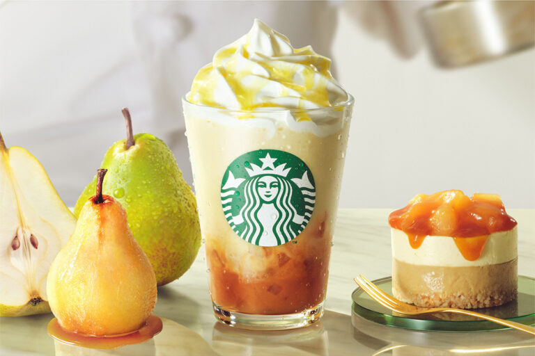 スタバ新作フラペチーノ　本格的スイーツ感覚「洋なし 生キャラメル フラペチーノ」