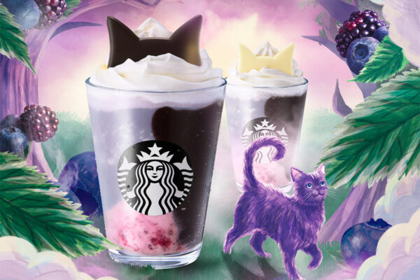スターバックス ハロウィン新作「ブラックベリー ヨーグルト フラペチーノ」猫耳が選べる黒耳ver.と白耳ver.